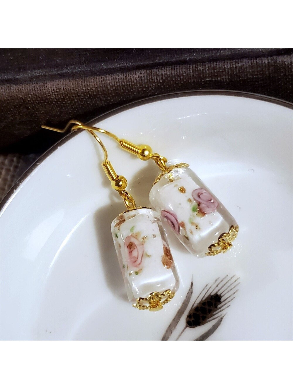 Vintage White Murano Lampwork Glass Flower Inside Beads Round Tube Earrings